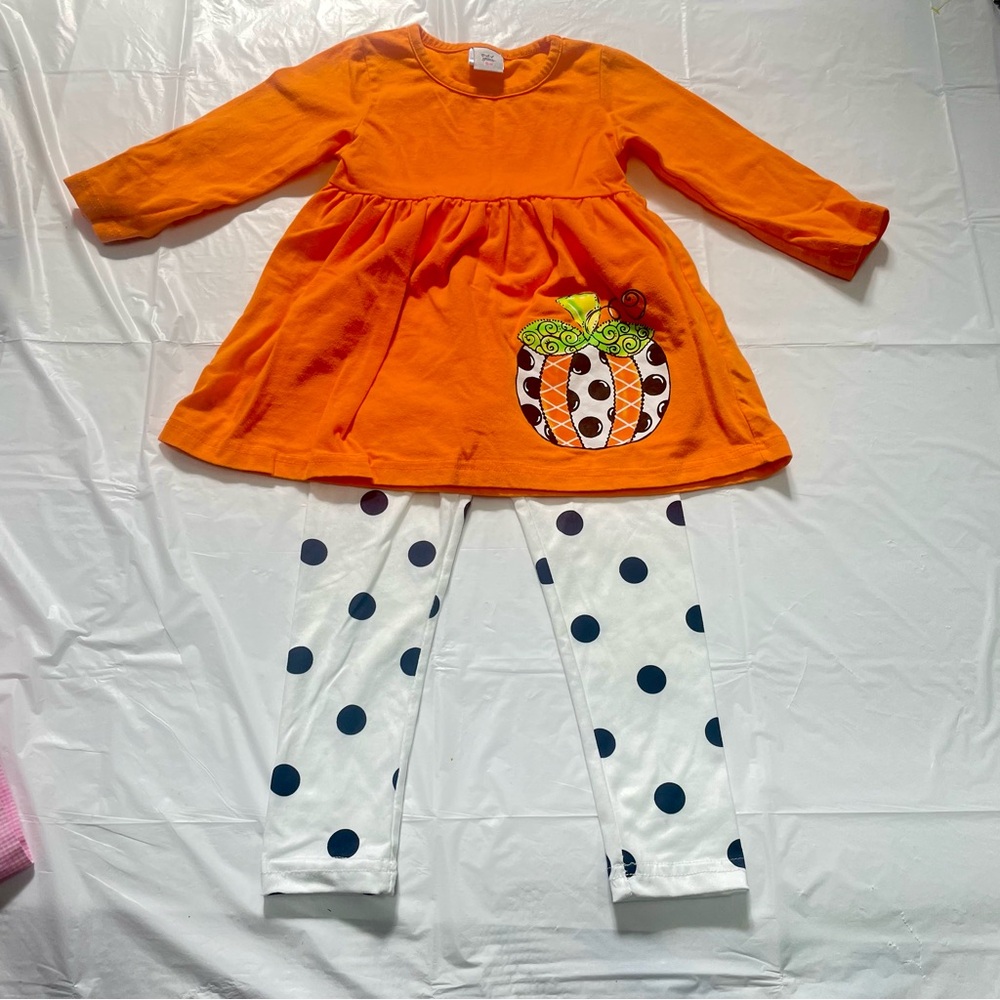 Dash of Glitter - Fall Pumpkin Shirt And Pant Set - Orange / Polka Dot - Size S